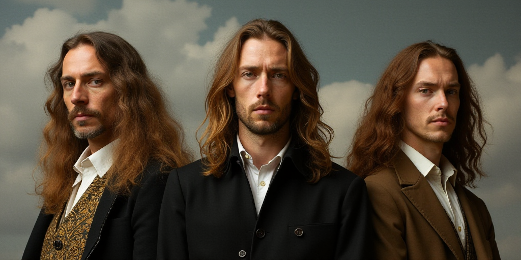 three men with long hair standing next to each other in front of a gray background with clouds in th