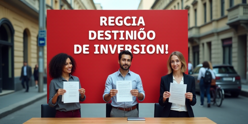 three people holding up papers in front of a table with a red sign behind them that says regcia dest