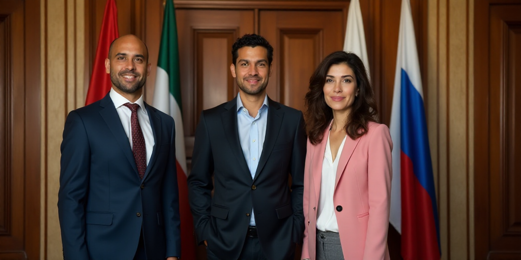three people standing in front of flags in a room with wooden doors and a wooden door behind them is