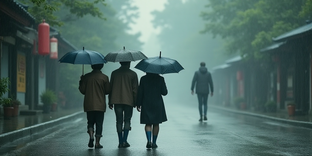 three people walking in the rain with umbrellas in their hands and a man walking behind them in the