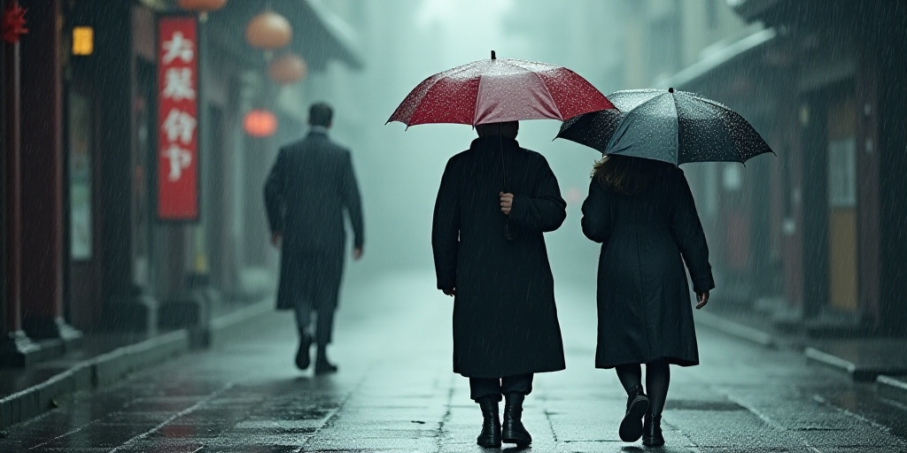 three people walking in the rain with umbrellas in their hands and a man walking behind them in the