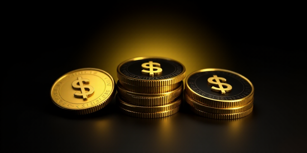 three stacks of gold and black coins with a dollar sign on them, against a black background with a y