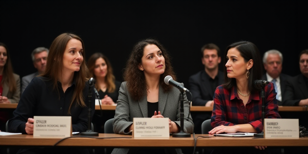 three women sitting at a table with microphones in front of them and a panel of panelists behind the