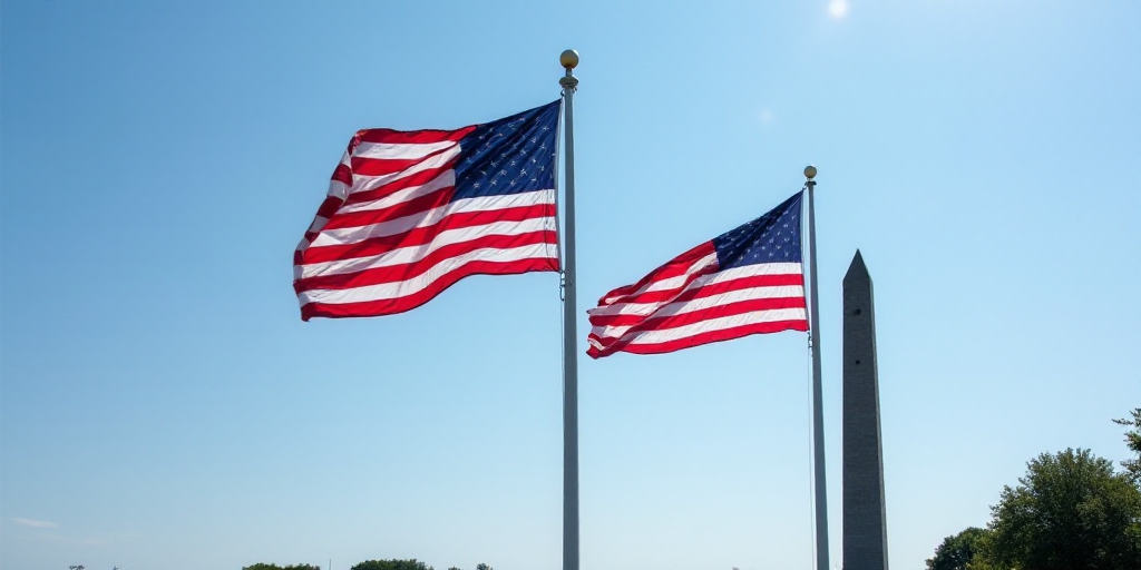 two flags are flying in the air next to a flag pole and a monument in the background with a blue sky