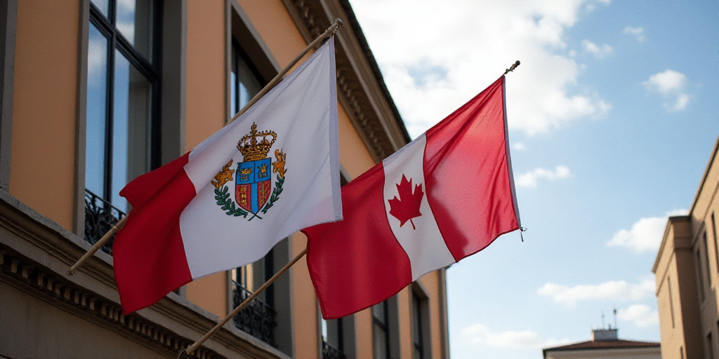 two flags are hanging from a building with a clock on it's side and a flag on the other side, Aquira