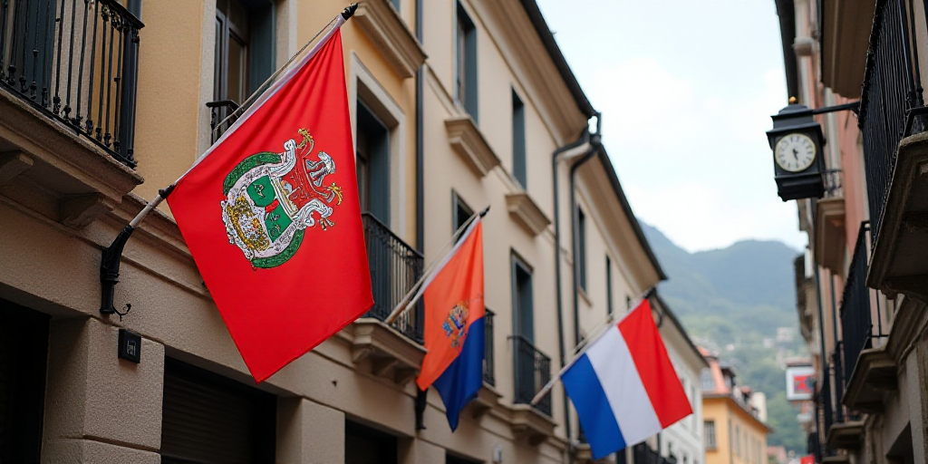 two flags are hanging from a building with a clock on it's side and a flag on the other side, Aquira