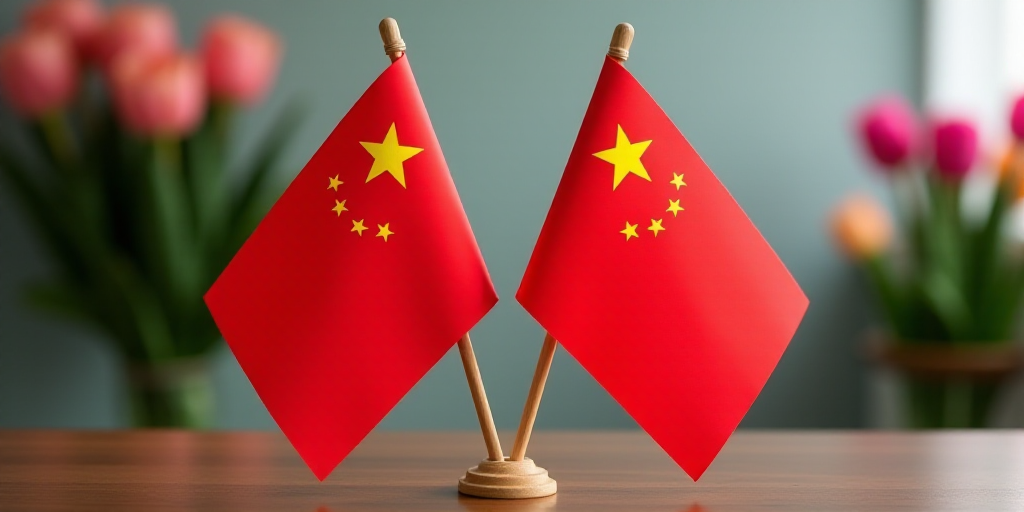 two flags are placed next to each other on a table with flowers in the background and a wall in the