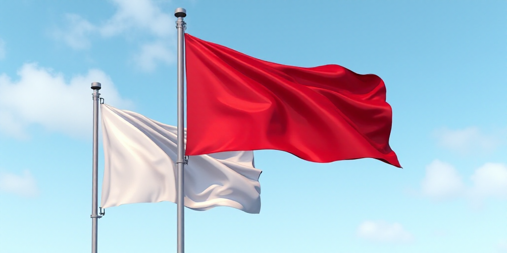 two flags flying in the wind on a clear day with a blue sky in the background and a red one in the f