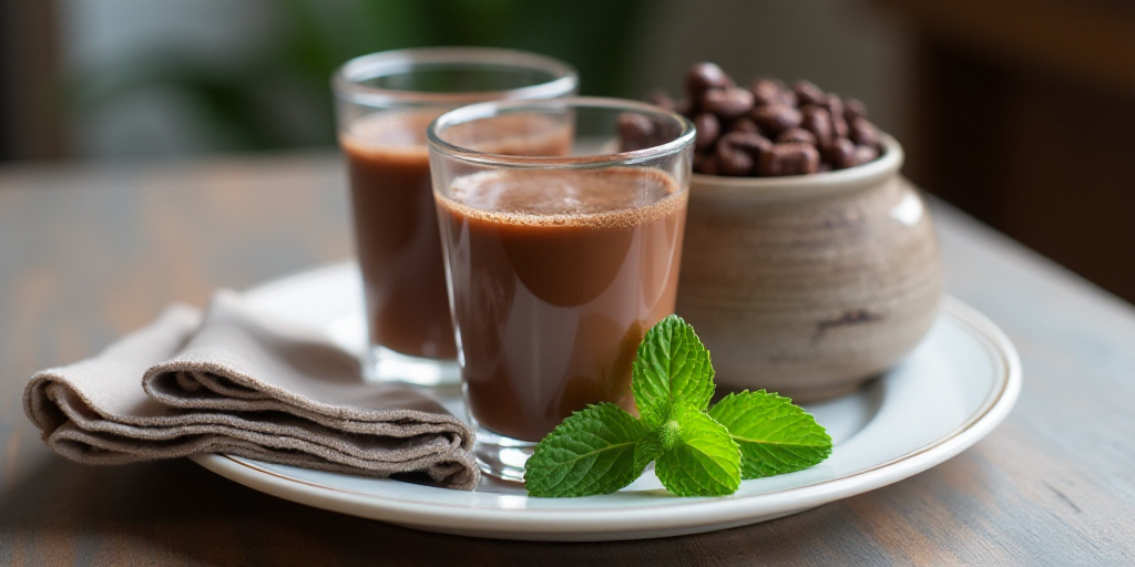 two glasses of chocolate drink on a plate with mint leaves and a napkin on the side of the table, Cl