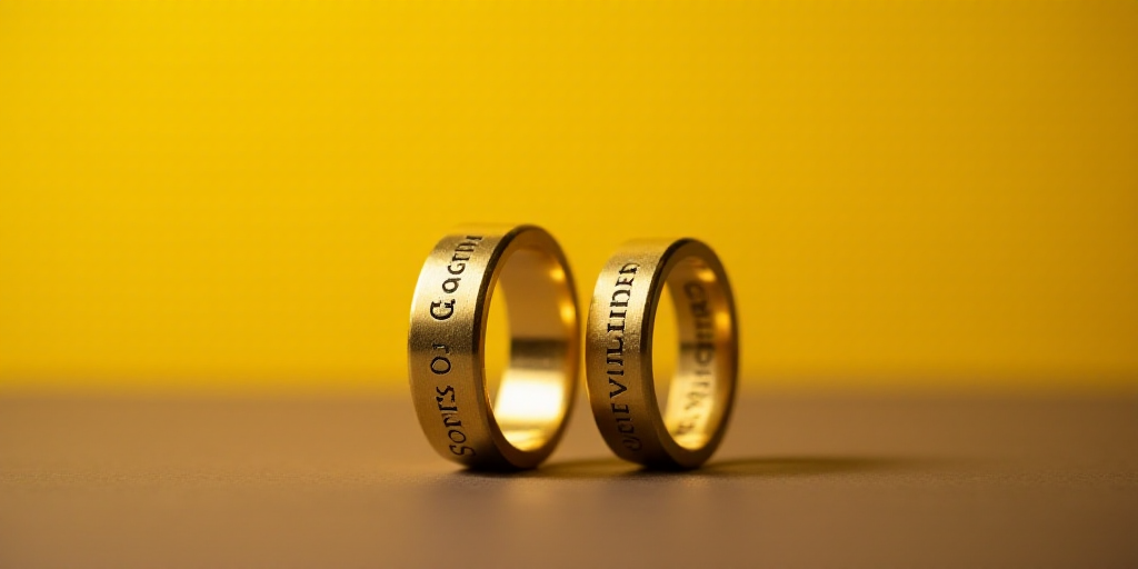 two gold rings with the names of two people on them sitting on a table together, with a yellow backg