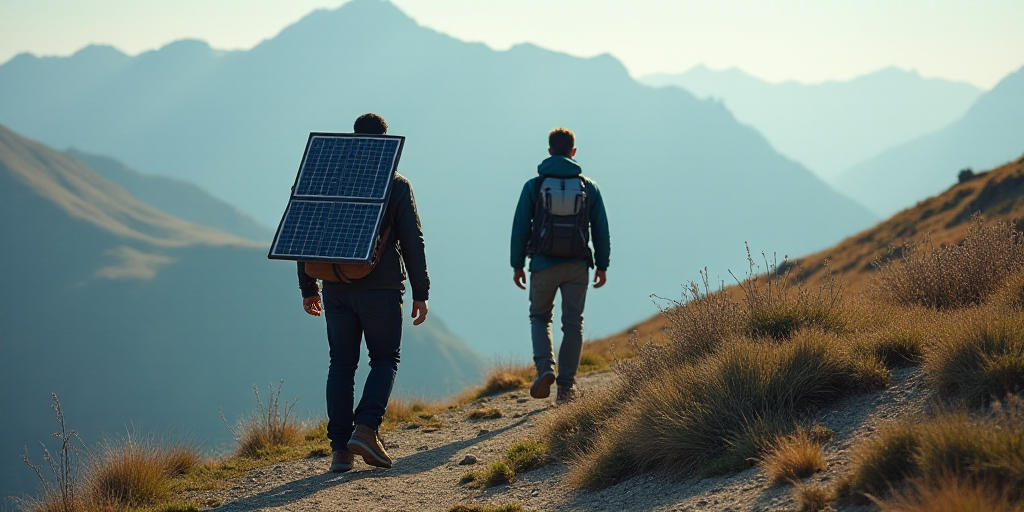 two men are on a mountain with a solar panel on their back and a backpack on their back,, Dave Arred