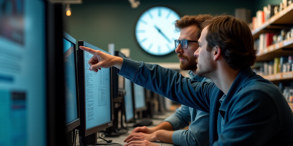 two men are pointing at a computer screen in a store with a large clock on the wall behind them, And