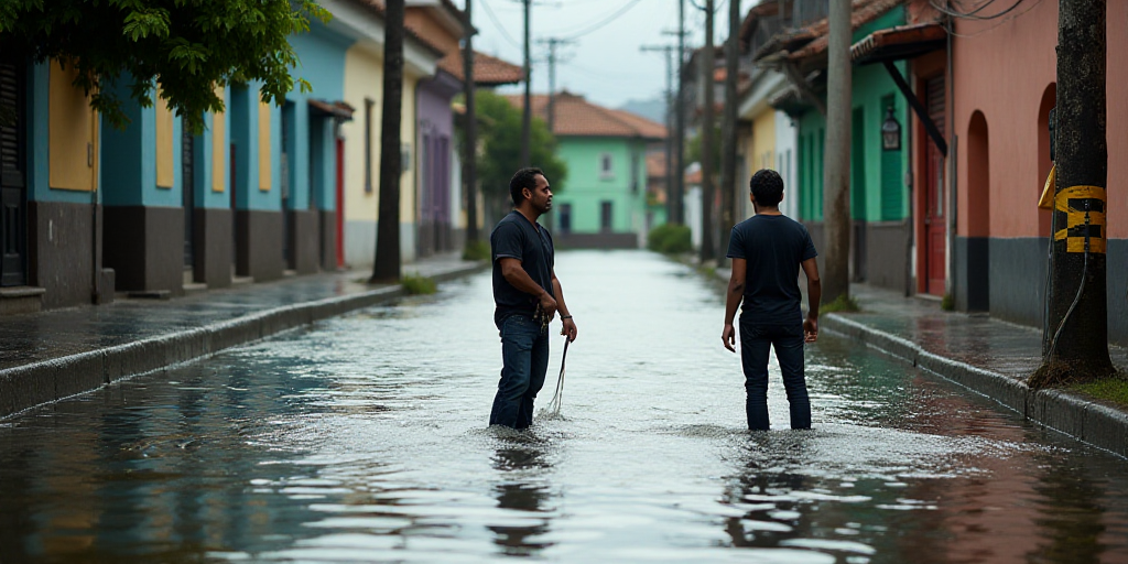 two men are standing in a flooded street with a hose attached to a pole and a hose is connected to a