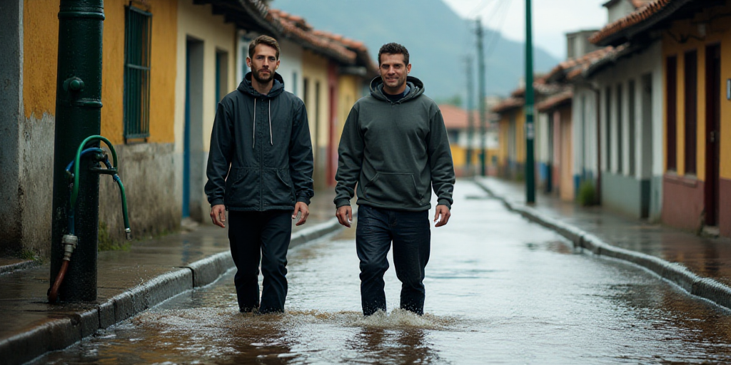 two men are standing in a flooded street with a hose attached to a pole and a hose is connected to a