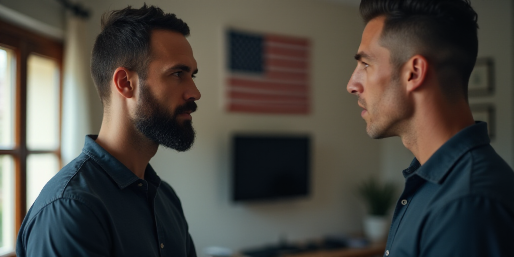 two men are talking to each other in a room with a flag on the wall behind them and a television on