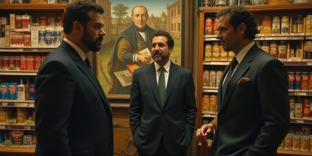two men are talking to each other in a store with a display of drinks and snacks behind them and a m