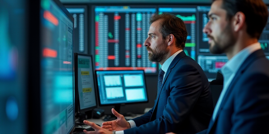 two men in a trading room talking to each other and looking at the screen with stock prices on it, E