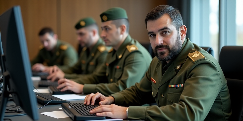 two men in military uniforms sitting at a table with computers and other people in uniform behind th
