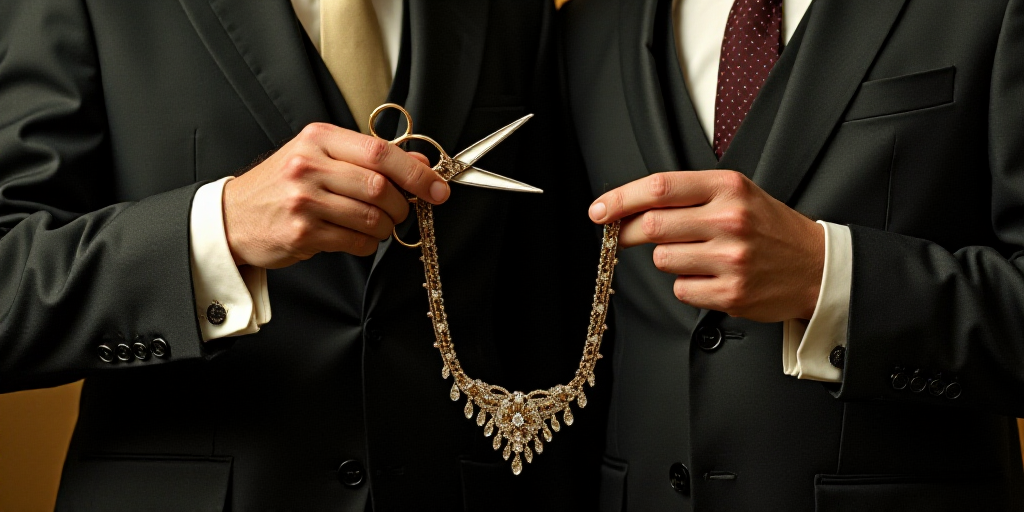 two men in suits and ties are holding a pair of scissors and a necklace with a diamond clasp on it,