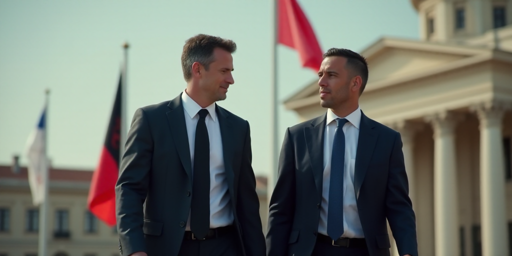 two men in suits and ties walking next to each other in front of a flag and a building with a flag,