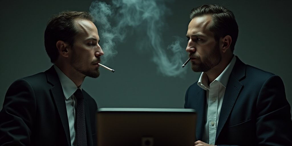 two men in suits are looking at a computer screen and smoking a cigarette in front of them, while on