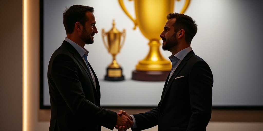 two men in suits are shaking hands in front of a poster with a gold trophy on it and a gold cup, Dah