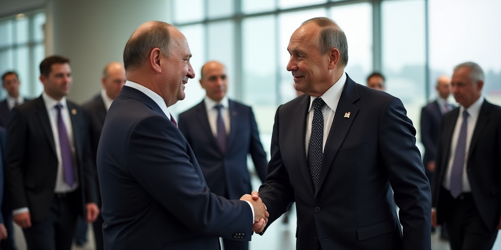 two men in suits shaking hands at an airport with other people in the background and one man in a su