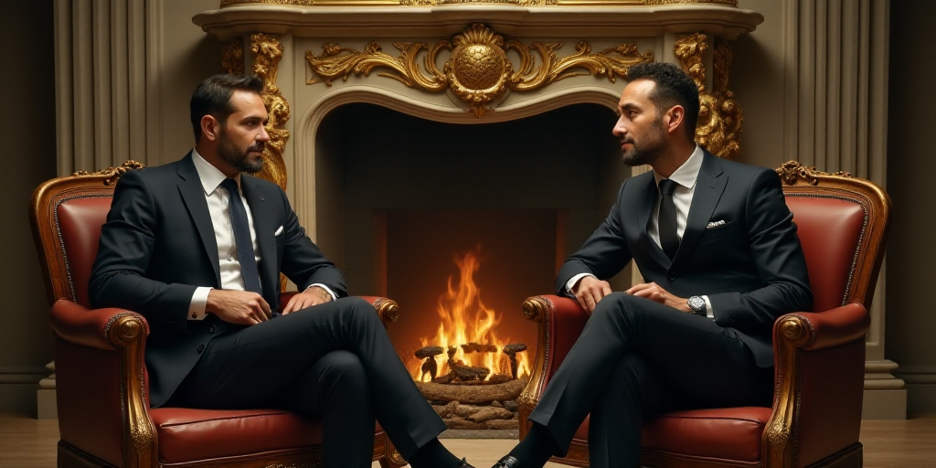 two men in suits sitting on chairs talking to each other in front of a fireplace with gold decoratio
