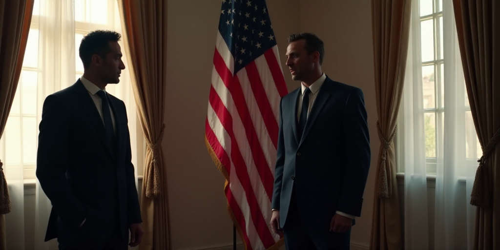 two men in suits standing in front of flags in a room with windows and curtains on the walls, one of