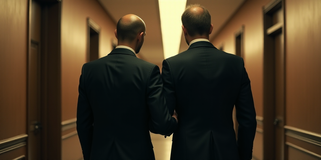 two men in suits walking down a hallway together, one of them is wearing a suit and the other is a t