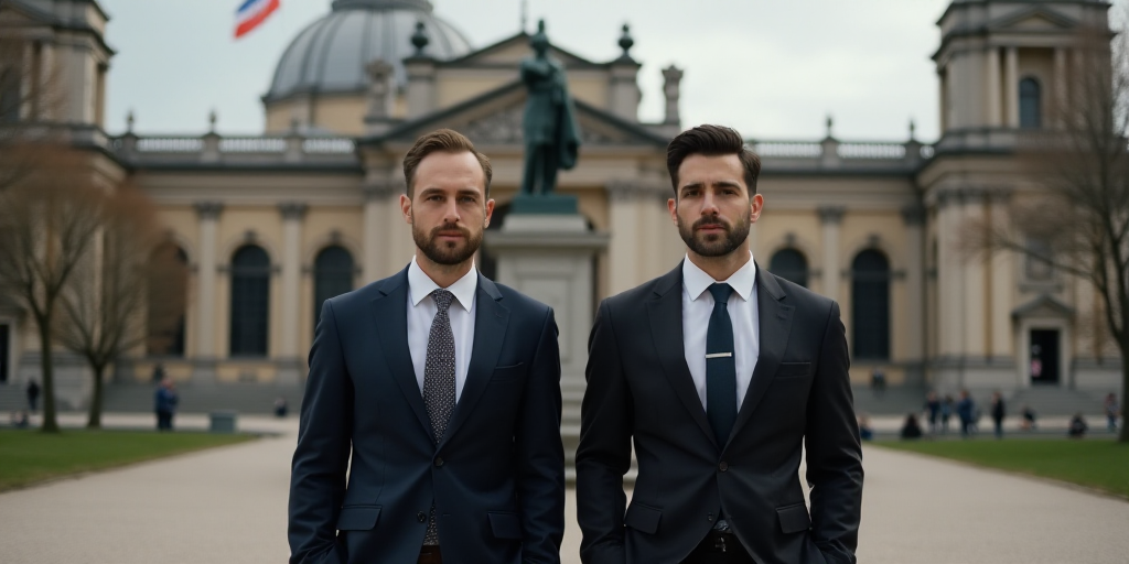 two men in suits walking next to each other in front of a building with a flag on it and a statue of