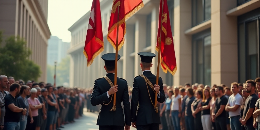 two men in uniform holding flags in front of a building with a crowd of people watching them from th