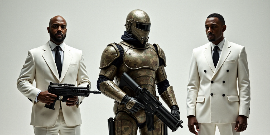 two men in white suits and one in camouflage holding a large metal object in his hand and another in