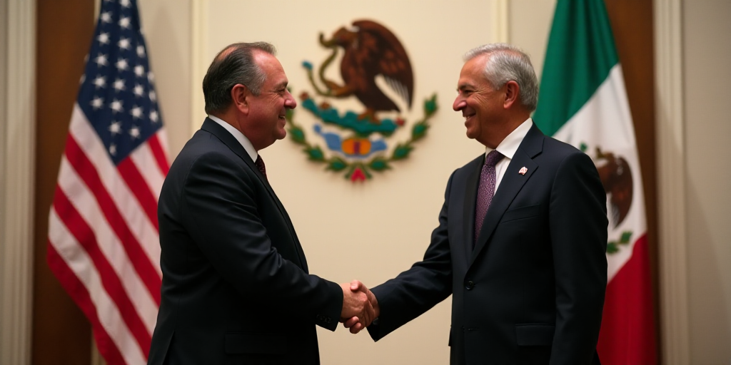 two men shaking hands in front of flags and a seal of the united states of mexico and mexico on a wa