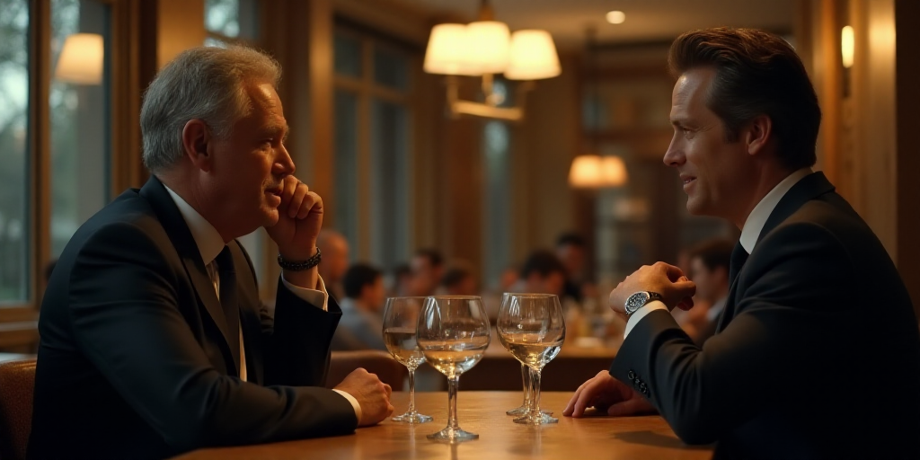 two men sitting at a table talking to each other in a restaurant with empty glasses of water on the