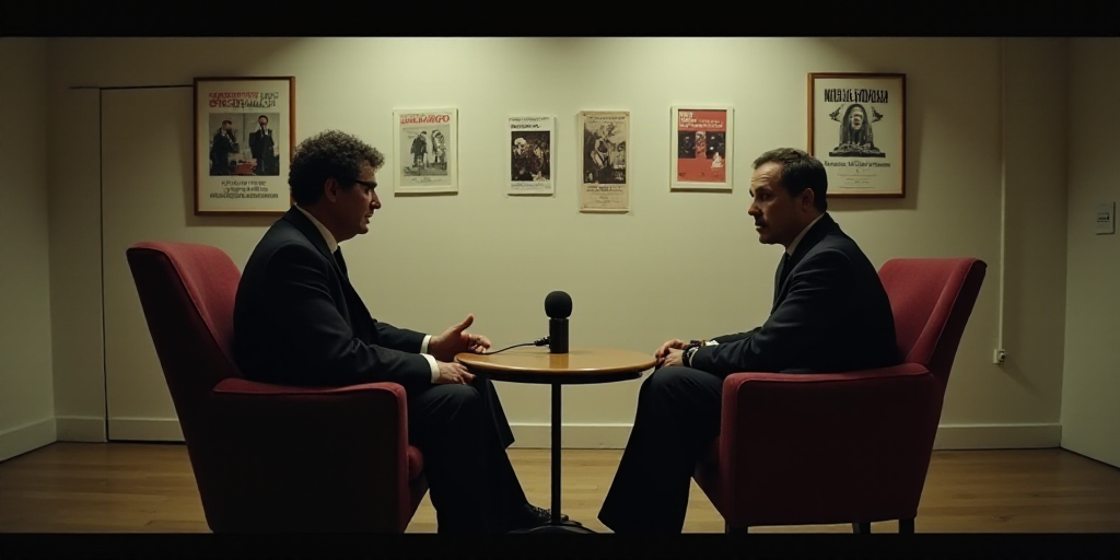 two men sitting in chairs talking to each other in front of a wall with posters on it and a micropho