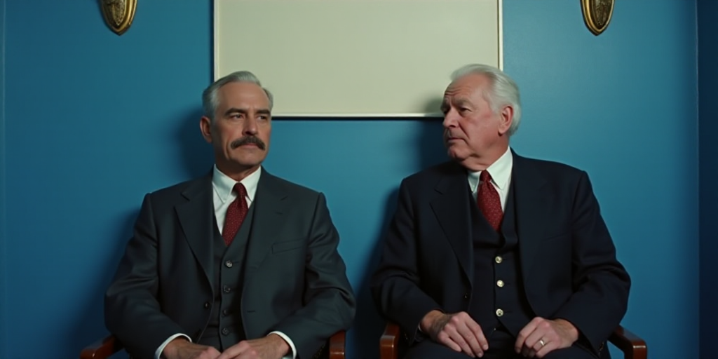 two men sitting next to each other in front of a blue wall with a white sign behind them and a blue