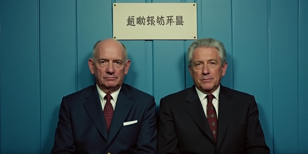 two men sitting next to each other in front of a blue wall with a white sign behind them and a blue