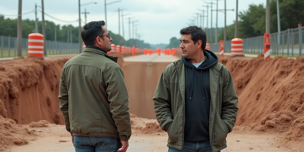 two men standing in front of a hole in the road that is being built into the ground with orange barr