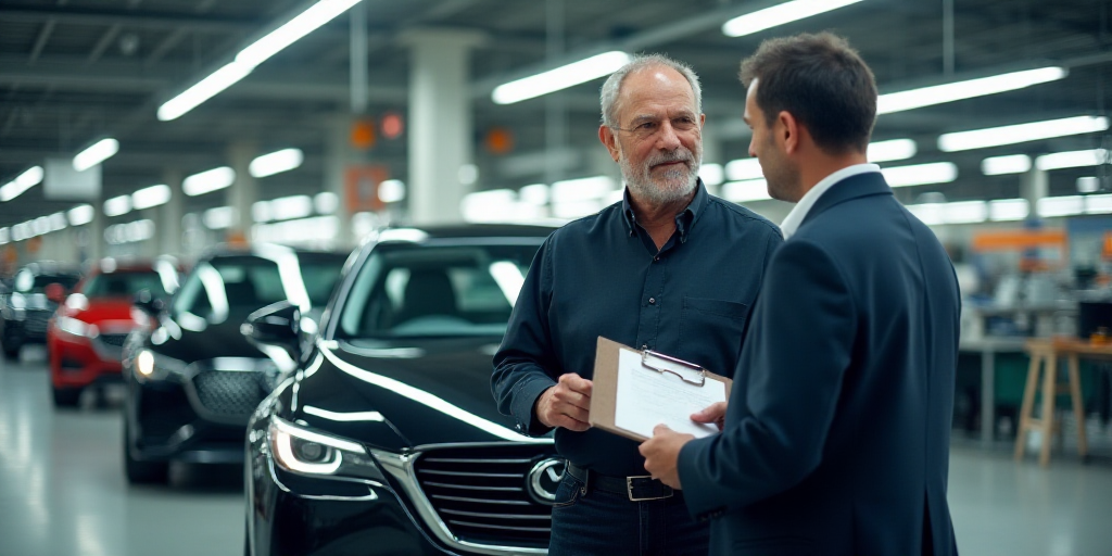 two men standing next to a car in a factory with other cars in the background and a man holding a cl