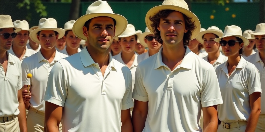 two men standing next to each other in front of a crowd of people wearing white shirts and hats and