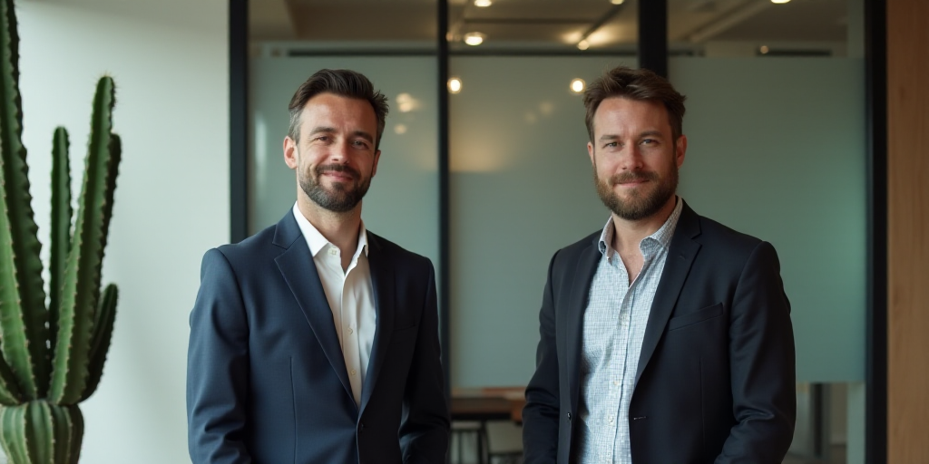 two men standing next to each other in an office setting with a cactus in the background and a glass