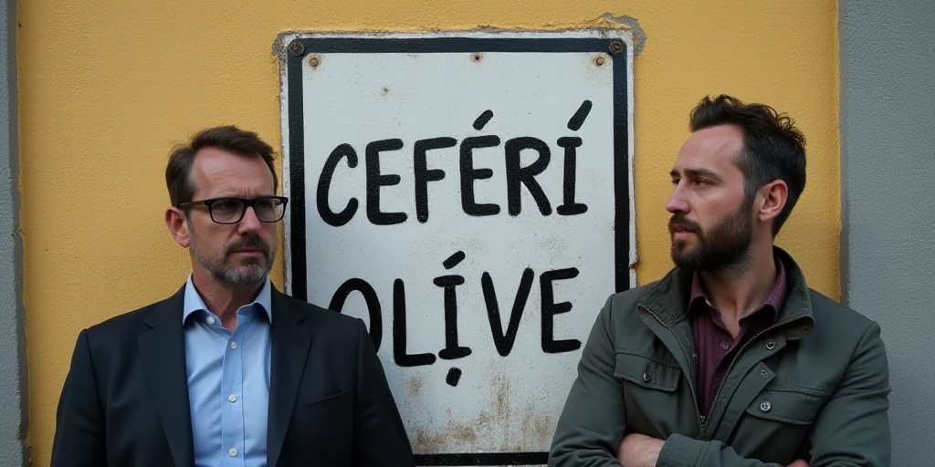 two men standing next to each other in front of a wall with a sign on it that says and publica, Cefe