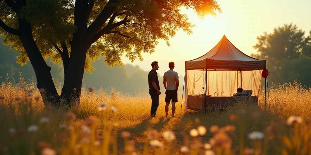two men standing under a tent next to a tree and flowers on a sunny day in the sun,, Ceferí Olivé,