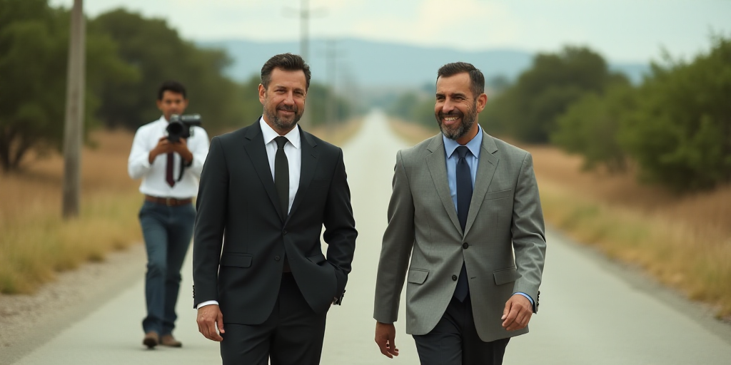 two men walking down a road with a camera man behind them and a man in a white shirt and tie, Carlos