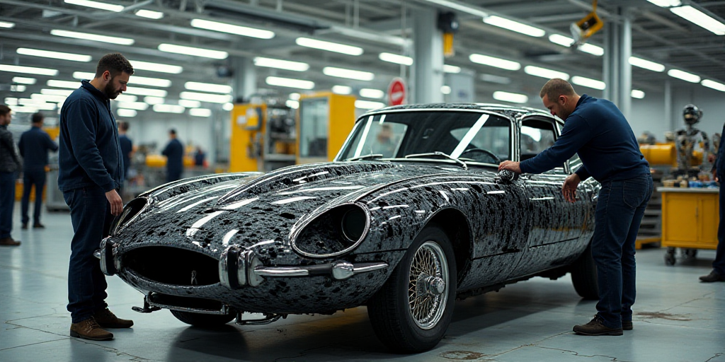 two men working on a car in a factory with other workers in the background looking at the car in the