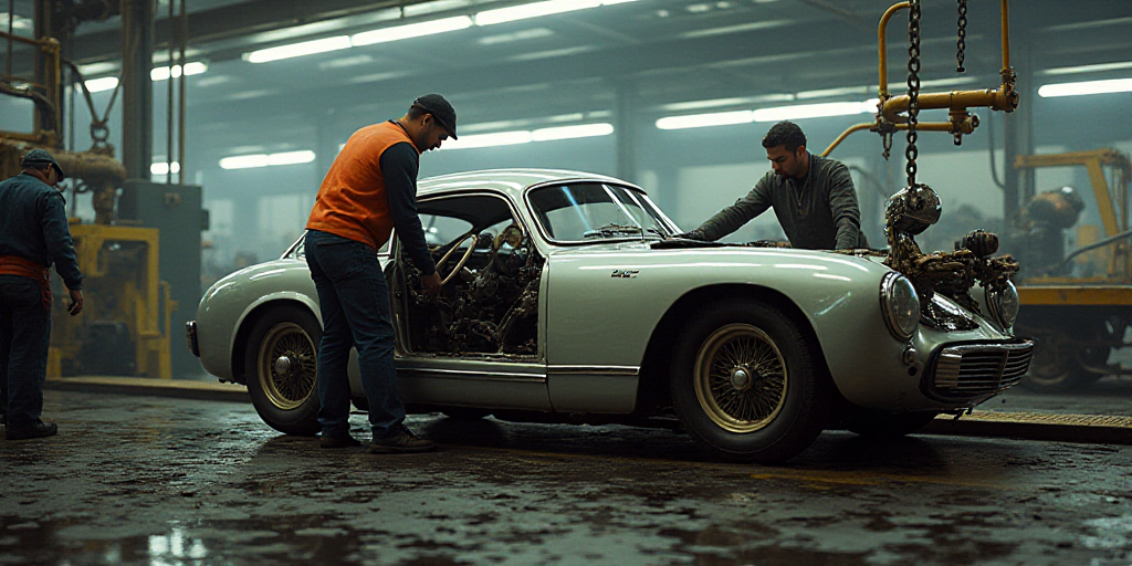 two men working on a car in a factory with other workers nearby on a platform with a car on it, Estu