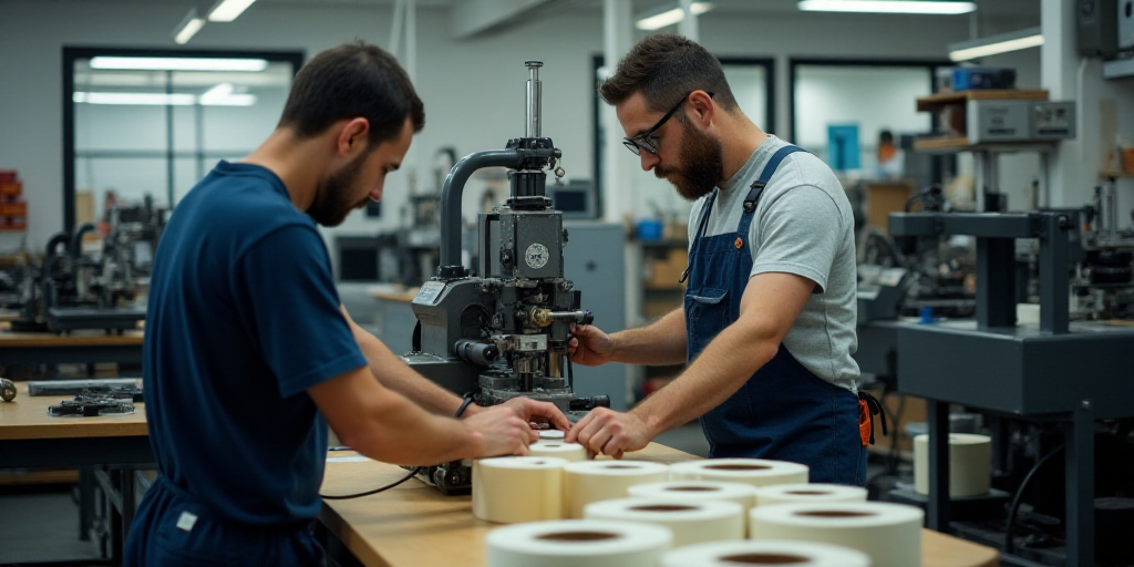 two men working on a machine in a factory with other machines in the background and a table with sev