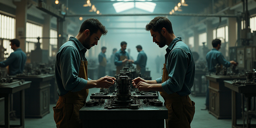 two men working on a machine in a factory with other workers in the background looking at it and wor