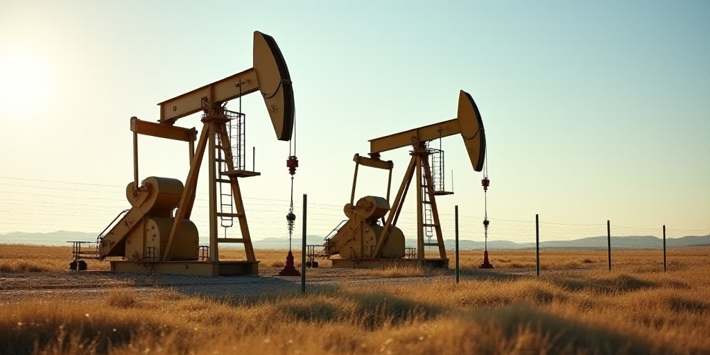 two oil pumps sitting in the middle of a field with a sky background and a fence around them that ha